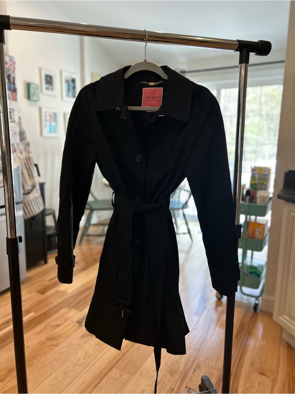 kate spade Ruffle Hem Black Belted Trench Coat